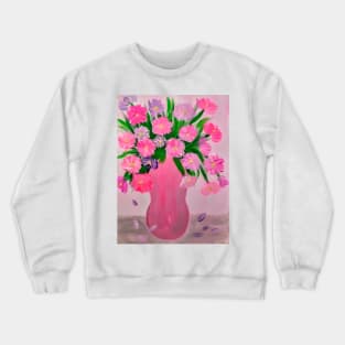 lovely pink and purple carnation flowers. In a metallic silver and pink vase . Crewneck Sweatshirt